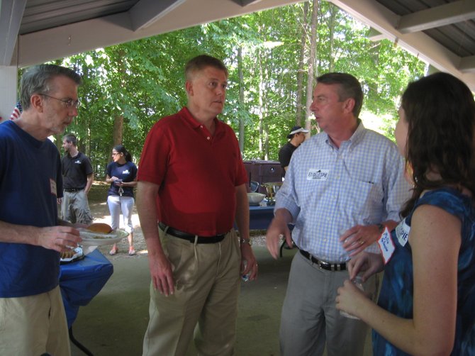 U.S. Senate Candidate Ed Gillespie (second from right) and daughter Mollie chat with Braddock District Supervisor John Cook and Consultant Kevin Morse of Burke. 