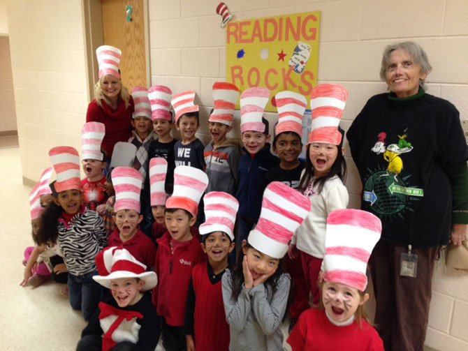 Agnes Gordon with kindergarten teacher Meghan Himmelrich’s class on Dr. Seuss Day.