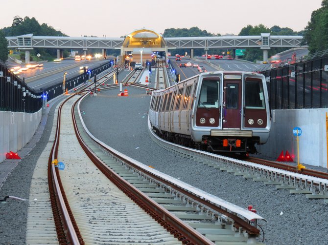 Test train leaving Wiehle-Reston East Station traveling to Tysons Corner.