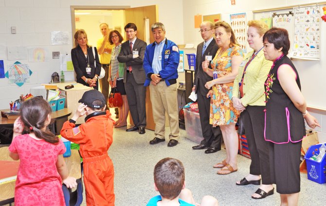 Local former astronaut and guest of honor, Dan Tani, visited Mrs. Blackwell's STEM lab prior to the event. Also visiting were John Steuder (after-school program director), Katie Connolly (PTA VP of membership), Tom Culligan (Congressman Wolf's office), Ken Junge (principal), and Maribeth Luftglass (FCPS Assistant Superintendent for Instructional Technology).