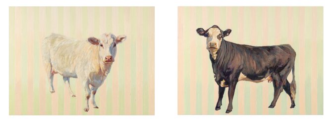 Nancy Bass, Anniebelle and Patch, 2014, oil on panel, 18” x 50” x 2”