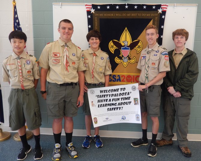 From left: Boy Scouts Skyler Chong, Alex Battani, Austin Huehn, Kyle Talley and Ian LaChapelle participated in the Safetypalooza.