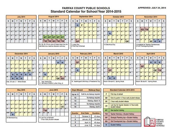 The Fairfax County School Board approved the 2014-2015 calendar on July 24, which includes full day Mondays for elementary school students and a change from a 180-day school year to a 990-hour school year. 