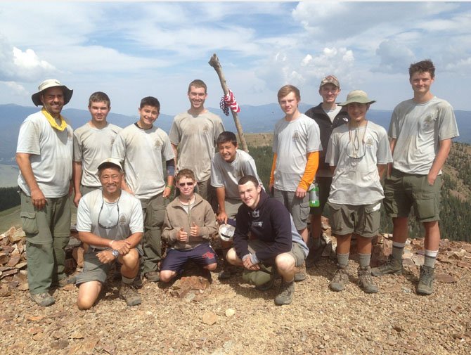 Great Falls Troop 55 Scouts reach the Summit of Mount Baldy, Philmont Scout Reservation. Front Row (from left): Scoutmaster Gary Pan, Daniel Devlin, Corey Hodge.
Back Row: Assistant Scoutmaster Ted Reuss, John Fouse, Wesley Pan, Drew Dudzik, Mitchell Pan, Charles Sampson, Thomas Windus, Daniel Reuss, Will Frank