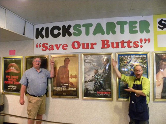 From left - Owner Mark O’Meara and manager Dan Collings aim to raise $100,000 for new seats through University Mall Theatres ‘Save Our Butts!’ campaign on Kickstarter, which ends Aug. 31.
