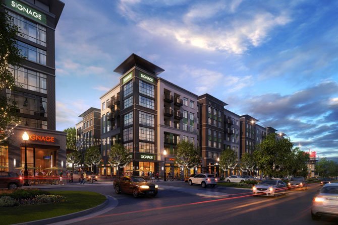 Artist’s rendition of one of the mixed-use buildings planned for Fairfax Boulevard. Shops and restaurants are at street level, with apartments above.
