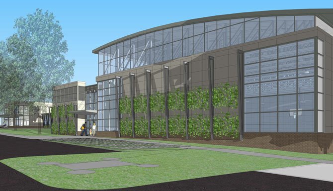 Artist’s rendition of new gym exterior with glass walls and plantings.
