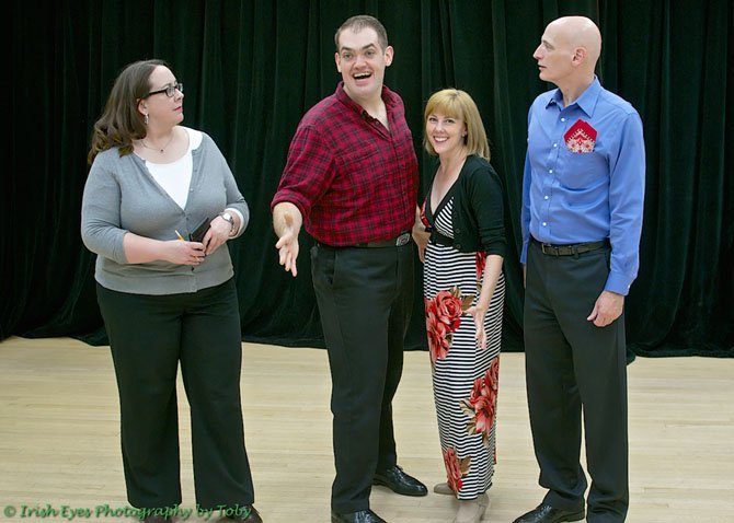 "The Game’s Afoot": From left -- Police Inspector Goring (Elizabeth Replogle) listens as Felix Geisel (Stephen T. Wheeler), Madge Geisel (Melissa Dunlap), and William Gillette (Frank Gorrell) explain the solution to the murder.