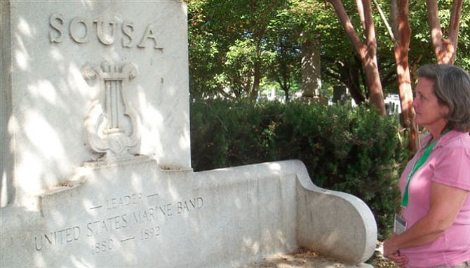 Goddin admires John Philip Sousa’s grave marker at Congressional Cemetery.