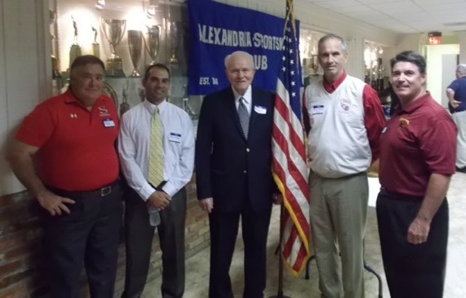 The Alexandria Sportsman’s Club hosted its annual High School Football Coaches Night Sept. 16 at the Old Dominion Boat Club. From left are Rick Veatch, St. Stephens and St. Agnes; Panos Voulgaris, Episcopal; ASC president Allan Kaupinen; Dennis Randolph, T. C. Williams, and Tony Verducci, Bishop Ireton.