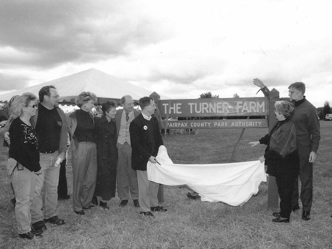 From left: Jojo and Mark Turner III, state Sen. Janet Howell, Beverly Bradford Crawford, state Del. Vincent F. Callahan, Dranesville Supervisor Stuart Mendelsohn, Fairfax Board of Supervisors Chairman Kate Hanley and Dranesville representative to the Fairfax County Park Authority board Richard Bissell at the dedication of Turner Farm acreage in 1999.
