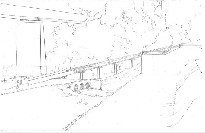 The new elevated walkway would keep pedestrians above basin overflow and dramatically decrease the slope to the trail.
