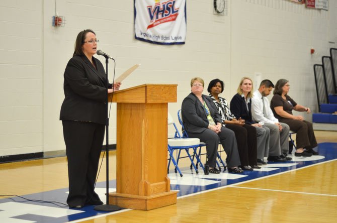 Reston South Lakes High School principal Kimberly Retzer welcomed everyone to the back to school night event at the school gymnasium. Retzer is a 1989 graduate of South Lakes and began her career in Fairfax County Public Schools at South Lakes High School.