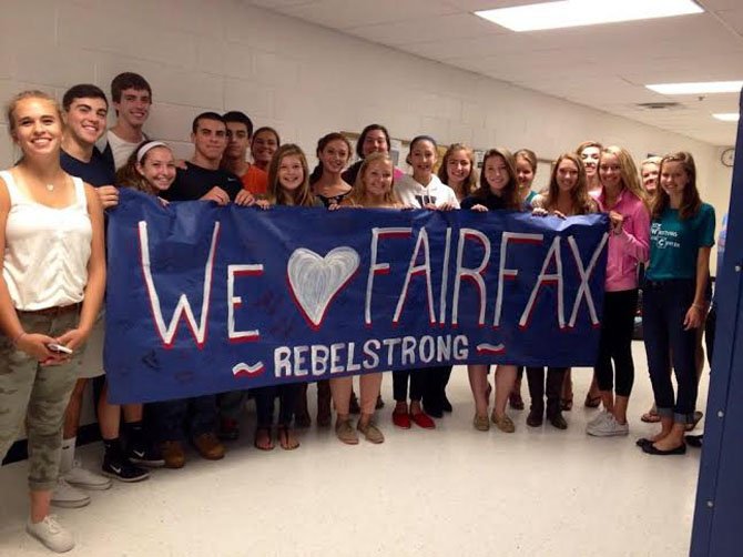 After the death of Fairfax High junior Cara Golias, Woodson High students made this banner and tweeted this photo to Fairfax to show their support and sympathy.
