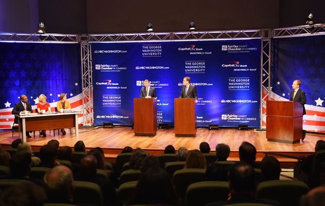 The Fairfax County Chamber of Commerce hosted a U.S. Senate debate between U.S. Sen. Mark Warner (D-Virginia) and Republican challenger Ed Gillespie, on Tuesday, Oct. 7 at The Capitol One headquarters in McLean. The forum was moderated by Chuck Todd, host of NBC’s “Meet the Press.” Panelists included Aaron Gilchrist and Julie Carey of NBC4 and Karen Tumulty of The Washington Post.
