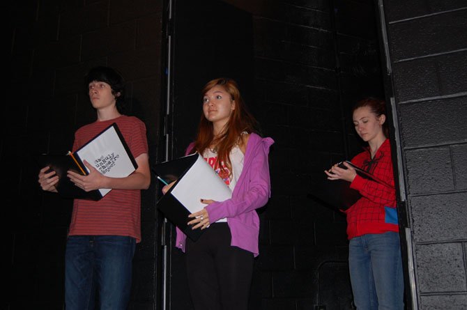 Unruly Theatre Project in rehearsal: (from left) Joey Barth (McLean), Jade Lewis (South Lakes) and Elizabeth Rudacille (Fairfax).
