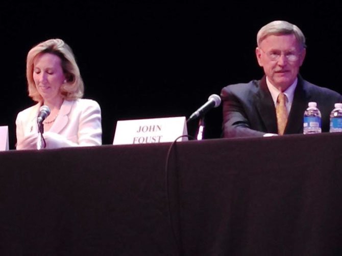 The stark stage at McLean Community Center’s Alden Theater served as the backdrop for the final debate between Republican Barbara Comstock and Democrat John Foust co-hosted by The McLean Citizens Association and the Great Falls Citizens Association on Sunday afternoon, Oct. 26. 
