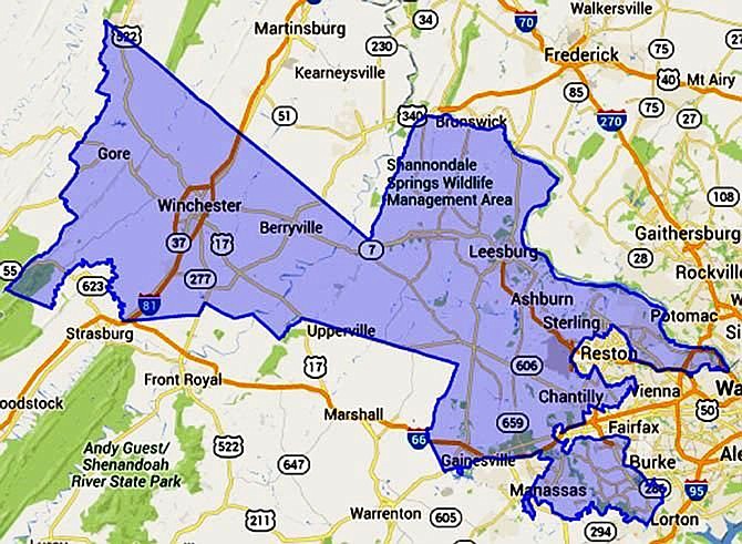 Virginia’s sprawling 10th district, originally created in 1952, stretches from inside the Capital Beltway in northern Virginia west to the Shenandoah Valley.
