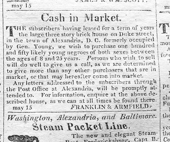 May 17, 1828, this advertisement appeared in the Alexandria Phenix Gazette
