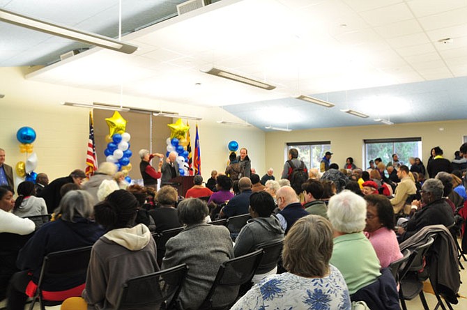 Residents and county officials gather in the newly rebuilt Scotland Community Center on Saturday, Nov. 1.