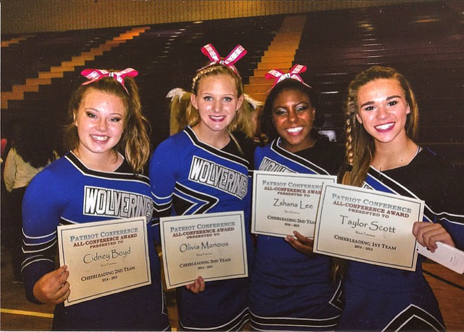 Four West Potomac varsity cheerleaders were honored in the Patriot Conference competition this October. Freshman Taylor Scott made 1st Team All-Conference and seniors Cidney Boyd, Olivia Manous and Zshana Lee made 2nd Team. 
