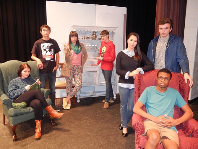 Posing in character are (standing, from left) Jessica Swanson, Zach Szmerekovsky, Zoe Hawryluk, Andrew Brockmeyer, Elizabeth Coo and Embrey Grimes; and (seated) Eni Oyeleye.
