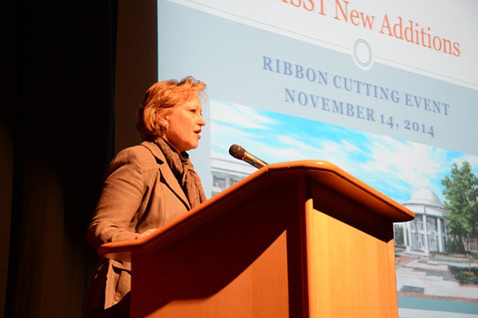 Fairfax County Public Schools Superintendent Karen Garza addressed students, parents, teachers and the Thomas Jefferson community after the ribbon was cut on the high school’s new laboratory wing.