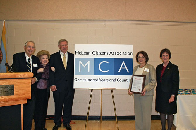 McLean Citizens Association celebrated 100th Anniversary on Nov. 20, 2014: Former Dranesville Supervisor Rufus Phillips, former McLean Citizens Association president Lilla Richards, Supervisor John Foust, MCA President Sally Horn and Board of Supervisors Chairman Sharon Bulova with a county resolution honoring MCA on the occasion.