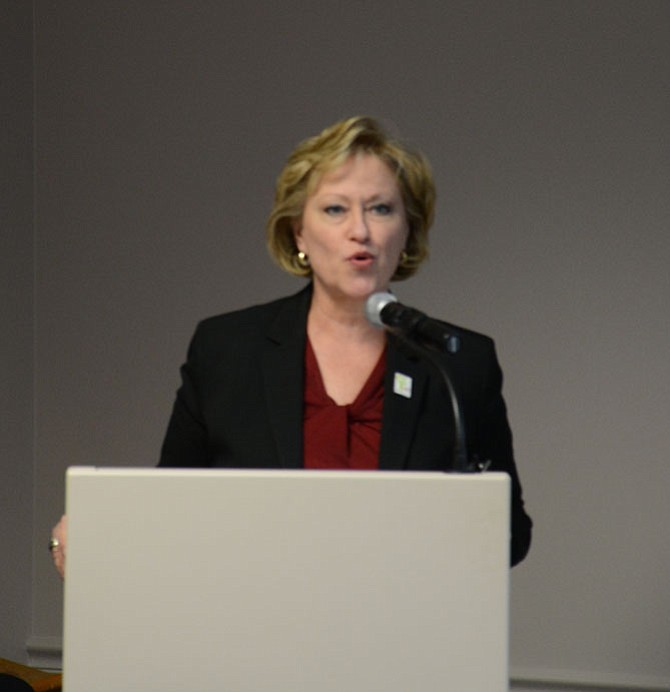 Fairfax County Public Schools Superintendent Karen Garza speaks Nov. 25 at a joint meeting of the FCPS School Board and Board of Supervisors.