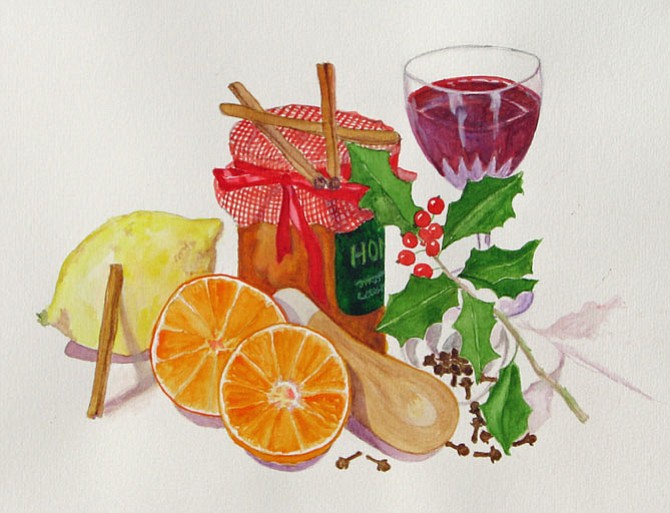 “Mulled Wine,” watercolor by Linda Jones.
