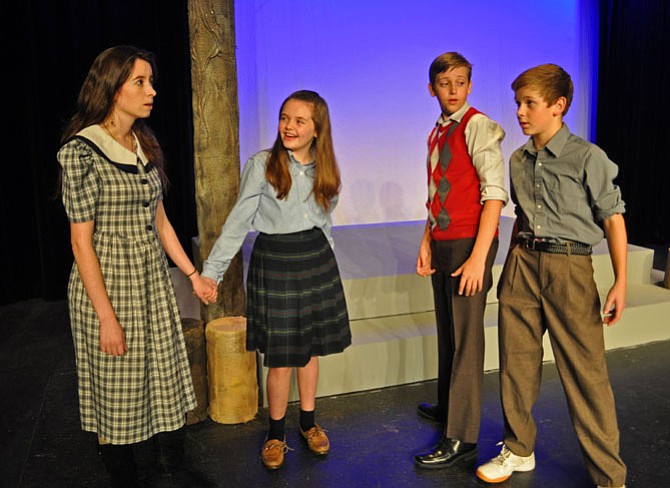 From left -- Rachel Yeager (Susan), Kyleigh Friel (Lucy), Ethan Phillips (Peter) and Nicholas Carlin (Edmund) in an early rehearsal for the C.S. Lewis classic ‘The Lion, the Witch and the Wardrobe’ from the Providence Players.