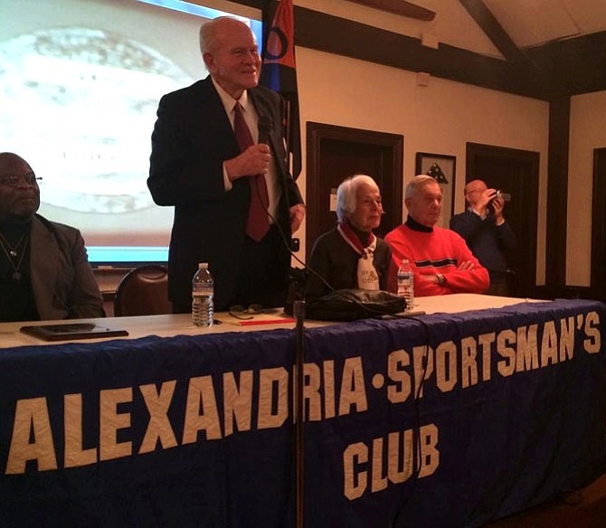 Alexandria Sportsman’s Club president Allan Kaupinen, standing, introduces Old Oaken Bucket Night Nov. 18 at the Old Dominion Boat Club. Guest speakers included Super Bowl X hero Reggie Harrison (W-L alum), GW alum and former Alexandria Mayor Patricia Ticer, and GW alum Carleton “Shady” Schelhorn.
