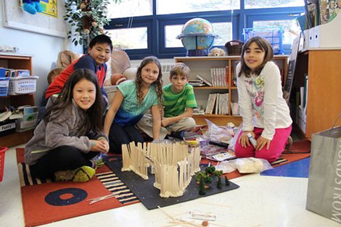 Churchill Road fourth graders in Mr. Nicklas’ class constructed their replica of the Jamestown fort after visiting the historic site. From left are Kayla Moore, Thomas Ham, Ava Nash, Harris Murray and Nousha Nusbaum.
 
