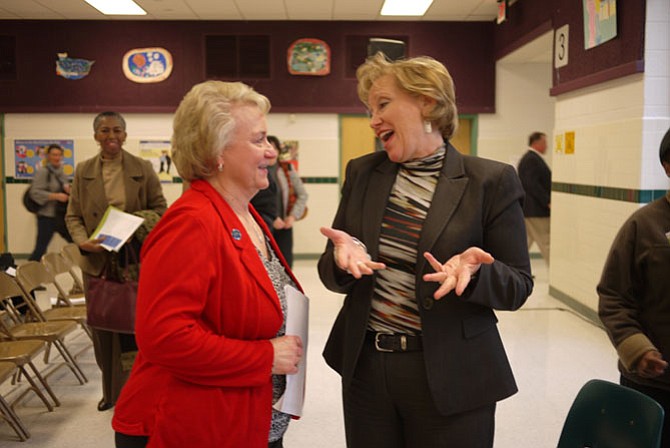 Superintendent Karen Garza shares a moment with Debbie Kilpatrick, president of Fairfax County Council of PTAs at the Listening Tour on Dec. 6.