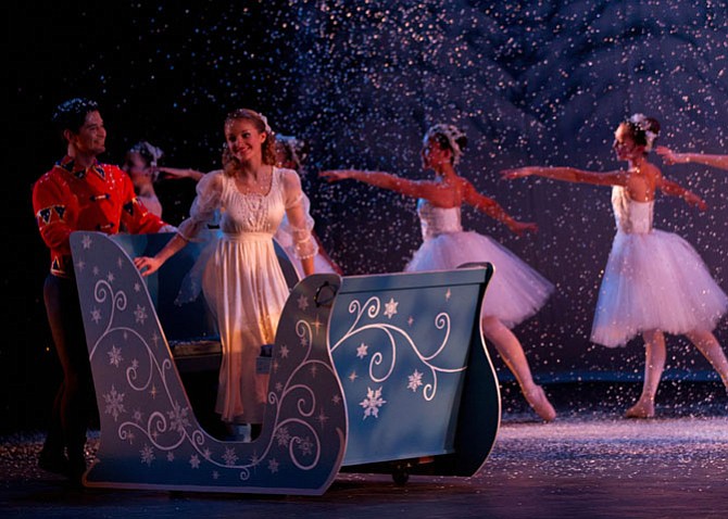 Camille Pukall, of Vienna and McLean High, as Clara arrives to the Kingdom of Snow with the Nutcracker Prince, portrayed by Gillmer Duran, CBT’s Ballet Master and Guest Artist in Residence.  