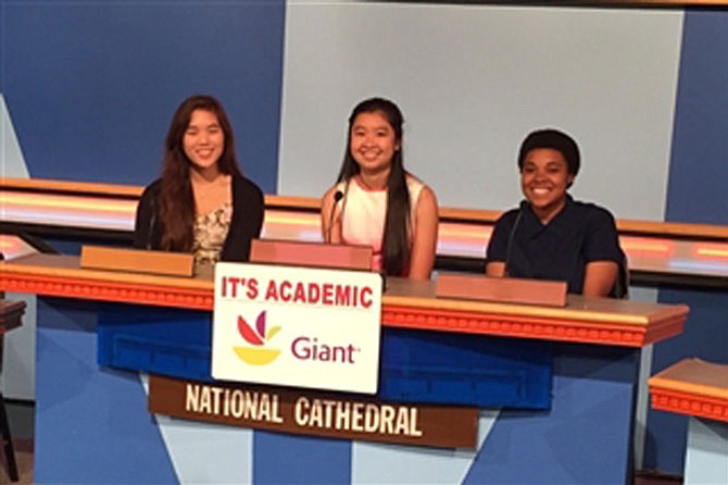 McLean resident and National Cathedral School junior, Ellen Kim, left, received a perfect score on the 2014 PSAT. For the past two years she has been a member of NCS’s on-air team for the It’s Academic TV quiz show. 
