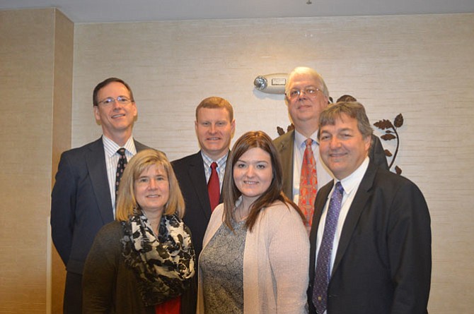 Back row: Sean O'Connell, PBMares, Chamber President, Supervisor Jeff McKay (D-Lee), Curtis Hoffman, FCEDA. Front row: Edythe Kelleher SFDC, Ashley McNeff, USHII, Chamber Chair, and George Ksenics, Belvoir FCU, Chamber VP.
