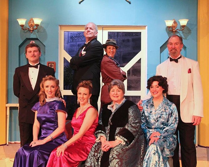 The full cast of The Little Theatre of Alexandria's production of "The Game's Afoot." Front row (L to R): Aggie Wheeler (Maureen R. Goldman), Daria Chase (Melissa Dunlap), Martha Gillette (Patricia Spencer Smith), and Madge Geisel (Pam Kasenetz).  Back row (L to R): Simon Bright (Joe Quinn), William Gillette (John Henderson), Inspector Harriet Goring (Michelle Fletcher), and Felix Geisel (Chuck Leonard).
