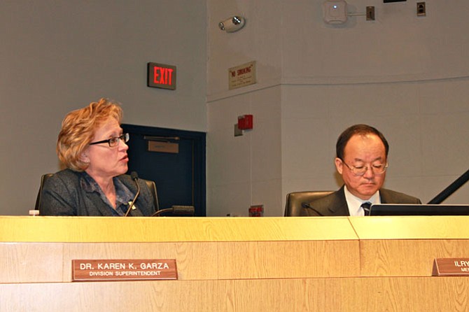 Fairfax County Schools Superintendent Karen Garza answers questions from the School Board about the Capital Improvement Program.