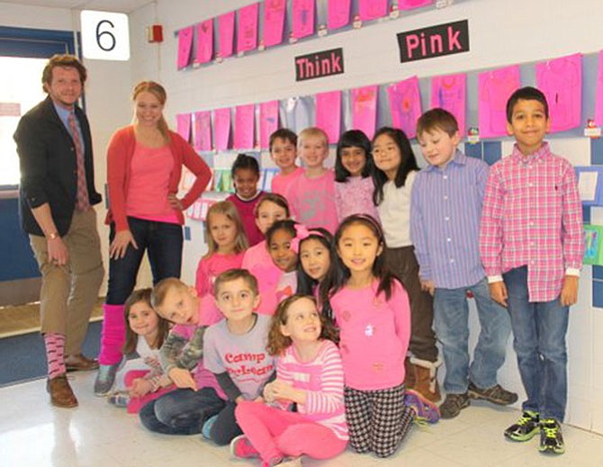 Mary-Lynn Robosky’s first graders supported anti-bullying efforts by wearing pink and creating a wall of pink t-shirts with their own anti-bullying slogans. Pictured, from left, top row: Student Teacher John Patterson, first grade teacher Ms. Robosky, Hannah Workie, Nico Williamson, Logan Schwartz, Julie Seth, Tara Chun, Max Brooke, Victor Chopra; middle row: Cara Dinker, Gabriela Cid, Nadira Maples, Paris Diao, Katie Lee; and bottom row: Morgan Heuber, Spencer Buddie, Aidan Khazai, Haley Lucier.
