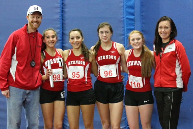 The Herndon High School indoor track women’s team is the Conference 5 champion in the 4x800 relay. The Hornets’ time of 9:46.34 is the 11th-fastest in school history. This was third time HHS has won the event and the first since 2008. The girls need to finish in the top six at regionals or run under 9:40.00 to advance to the state meet at Newport News the following week. The team is: Hannah Wolfe, Gabby Bustamante, Lauren Butler, and Olivia Duston.
 
