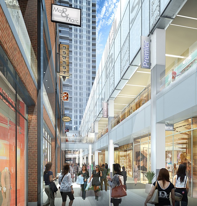 Rendering of the open-air interior of the Ballston Common Mall.
