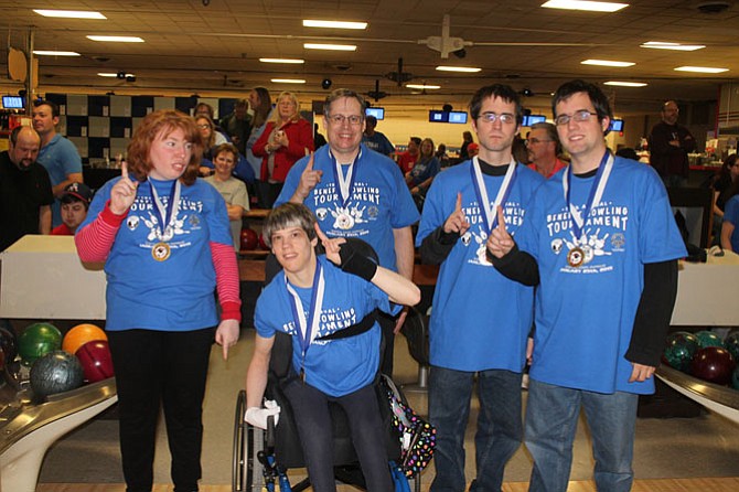 Northern Virginia Special Olympians after receiving their medals: Shannon McAvoy, Michael Barber, Alexis Gillette, Kevin Leddy and Kyle Leddy.
