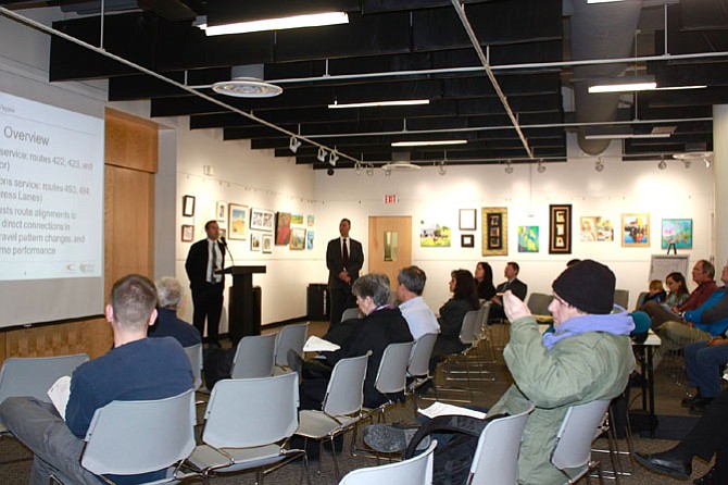 Nick Perfili and Tom Biesiadny with Fairfax Department of Transportation presented information during a public hearing about new Fairfax Connector proposals on Jan 28.
