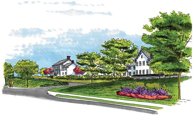 The rendering from Sunrise shows the existing Silas Burke house on the left, with a concept for the Sunrise community behind the house on the right.
