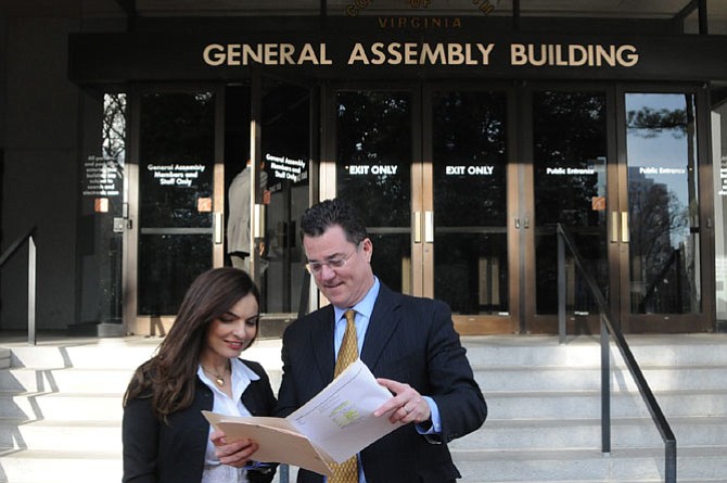 Fairfax County-based attorney Andi Geloo (left) and Del. Dave Albo (R-42) (right) meet in Richmond to discuss Albo’s legislation concerning defamation over the internet.