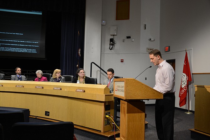 Christopher Ferragamo, parent of a Poplar Tree Elementary School student, speaks to the FCPS School Board Feb. 19.