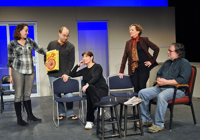 From left - cast of the Providence Players of Fairfax “Other Desert Cities” in an early rehearsal: Andra Whitt (Brooke Wyeth), Bobby Welsh (Trip Wyeth), Tina Thronson (Polly Wyeth), Barbara Gertzog (Silda Grauman) and John Coscia (Lyman Wyeth).
