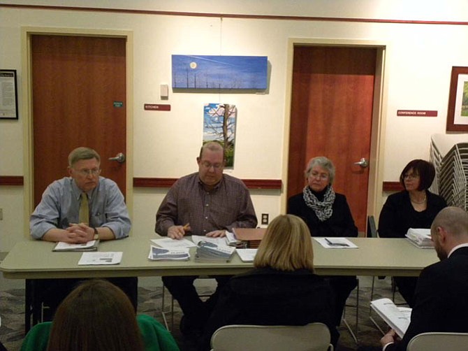 Supervisor John Foust (D-Dranesville), Joe Mondoro, county deputy director of budget, Jane Strauss, school board member and Kristen Michael, FCPS finance assistant superintendent, present the advertised FY 2016 budget to Great Falls residents on Wednesday, March 4.
