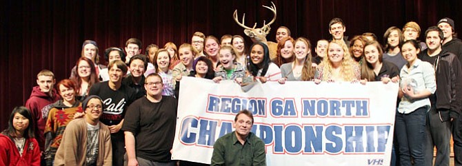 Chantilly High’s jubilant theater students with Director Ed Monk (in front) after winning the State One-Act Championship.
